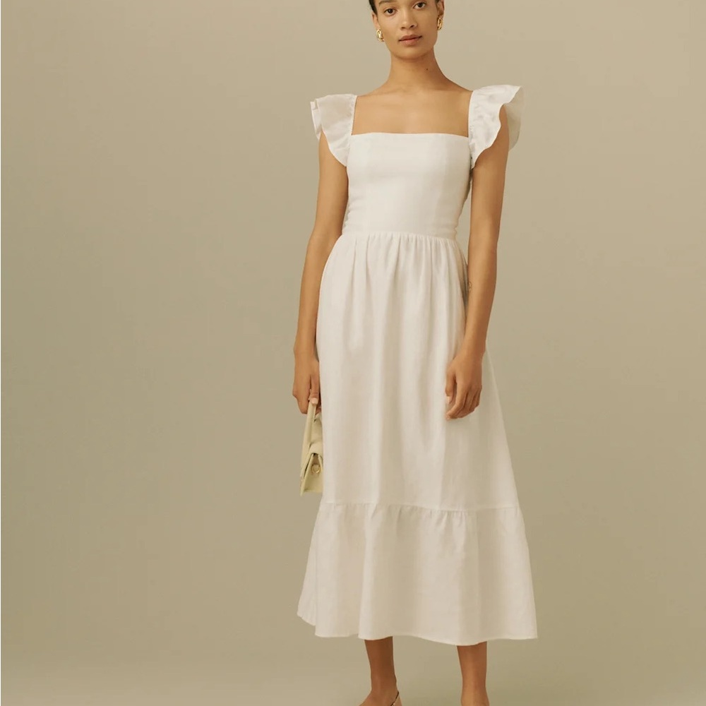 Reformation White Square-Neck Ruffle Midi Lucila Dress